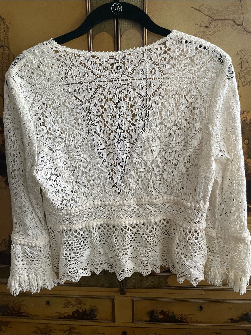 NANETTE LEPORE VTG Ivory Crochet LACE FRINGE Bell Sleeve BOHO Jacket Top RARE! - Picture 4 of 9